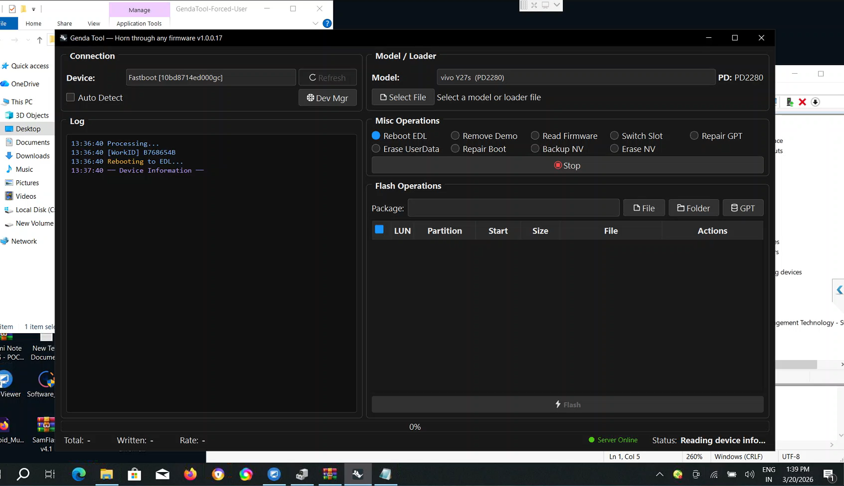 Genda Tool dashboard interface after login with model loader misc operations and flashing tabs visible